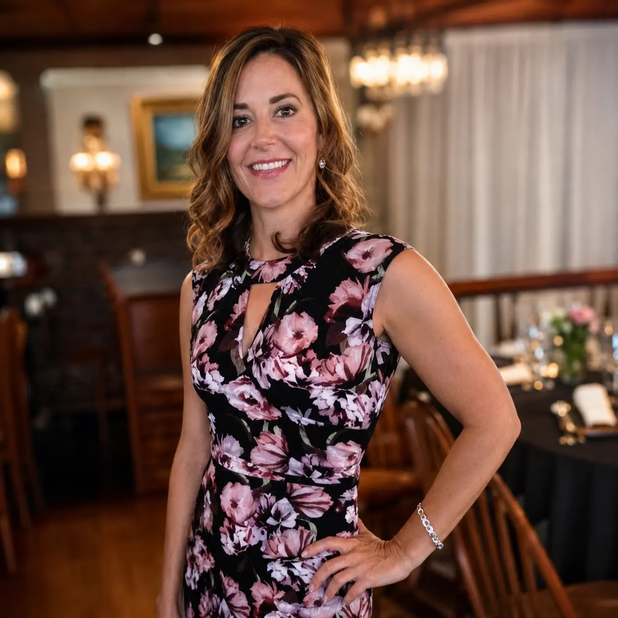 Diana Gentile in a floral dress, standing in a warmly lit room with chandeliers